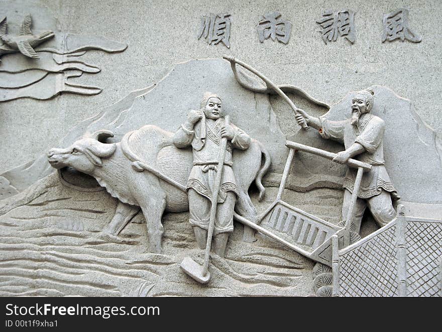 Folk fresco on the wall of a public park in Beijing, China. The four Chinese characters mean nice weather for the crops.