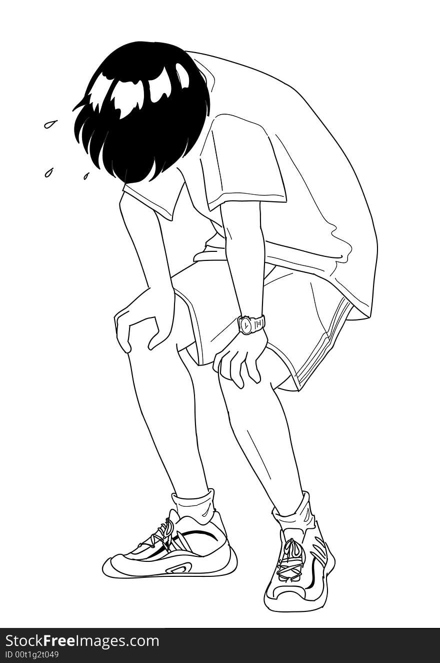 Black and white illustration of a boy puffing and panting after doing exercises. Manga style. Black and white illustration of a boy puffing and panting after doing exercises. Manga style.