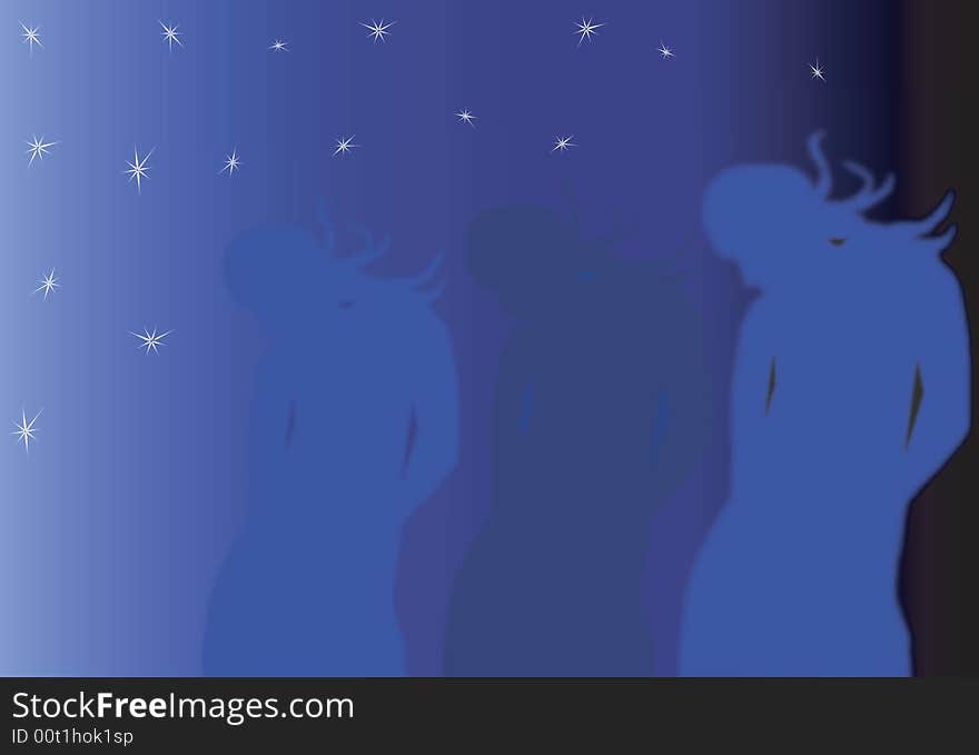 Background in dark blue tones with stars and woman silhouette. Background in dark blue tones with stars and woman silhouette