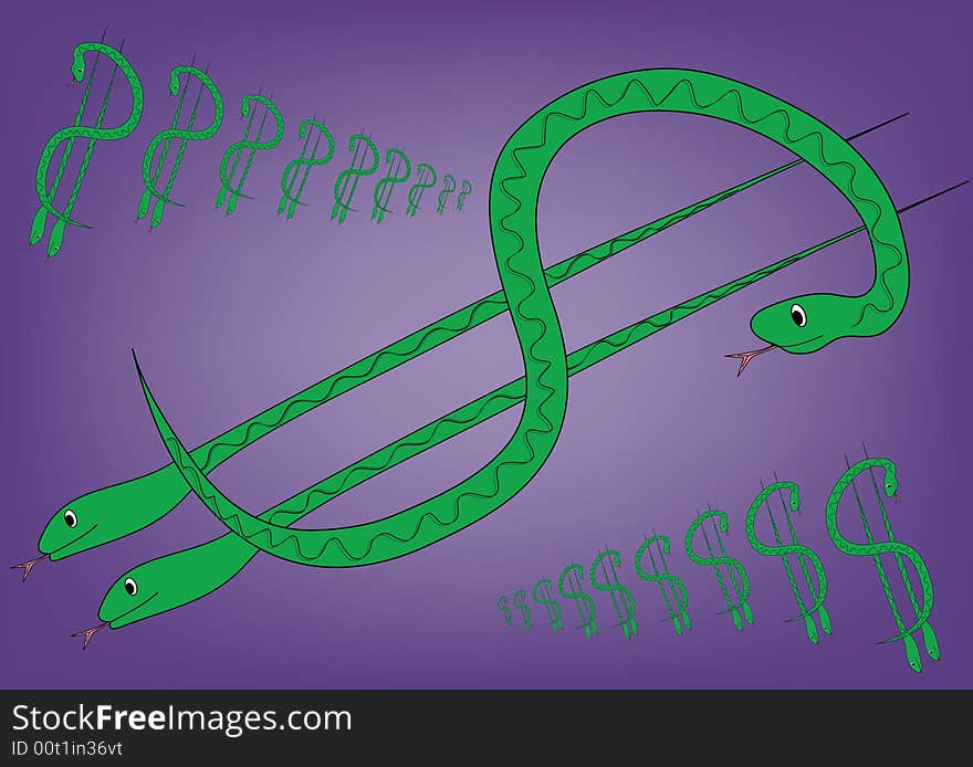 Dollar and green  snake on purple background