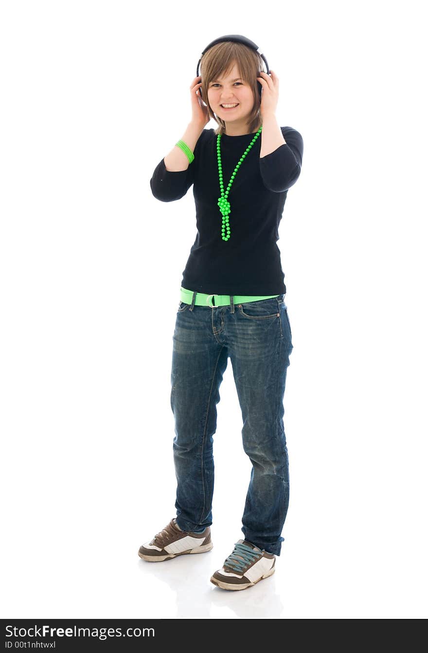 The young girl with a headphones isolated on a white background