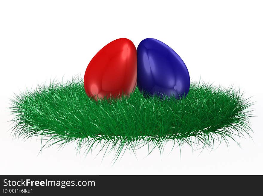 Red and blue egg on grass