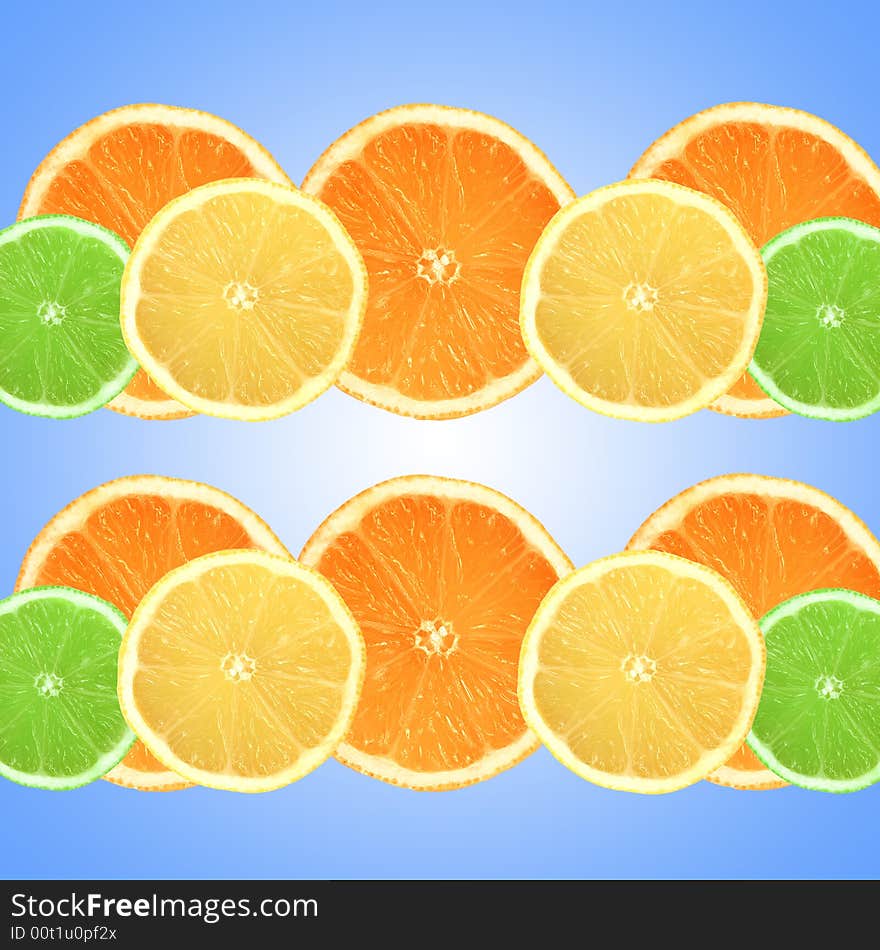 Lemon, lime and orange citrus fruit slices in two horizontal lines and set against a sky blue background with a central white glow. Lemon, lime and orange citrus fruit slices in two horizontal lines and set against a sky blue background with a central white glow.