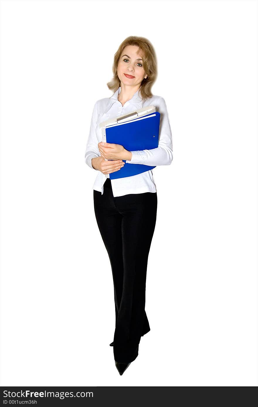 Businesswoman holds in a hand a blue folder with documents. Businesswoman holds in a hand a blue folder with documents