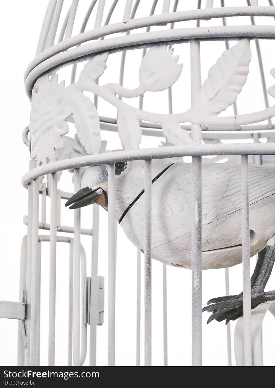 Mechanical Bird Looking Of Cage From Side.