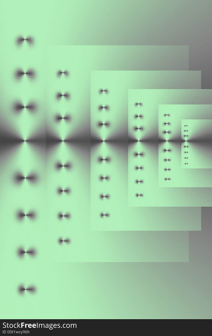 Abstract design in silver green and white of six repeating rectangules of various sizes with points of light on a horizontal axis. Abstract design in silver green and white of six repeating rectangules of various sizes with points of light on a horizontal axis.