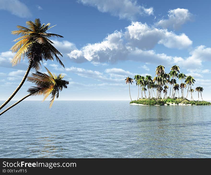 Coconut palm trees on a small island - digital artwork. Coconut palm trees on a small island - digital artwork