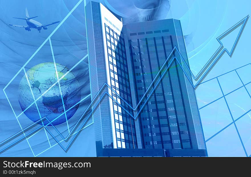 This blue business related design shows a huge building / skyscraper with a grid (-like) pattern.The shapes with the grid patterns on the left and right side have the function of windows. The globe and arrow are metaphors for world wide business and upgoing success. This blue business related design shows a huge building / skyscraper with a grid (-like) pattern.The shapes with the grid patterns on the left and right side have the function of windows. The globe and arrow are metaphors for world wide business and upgoing success.