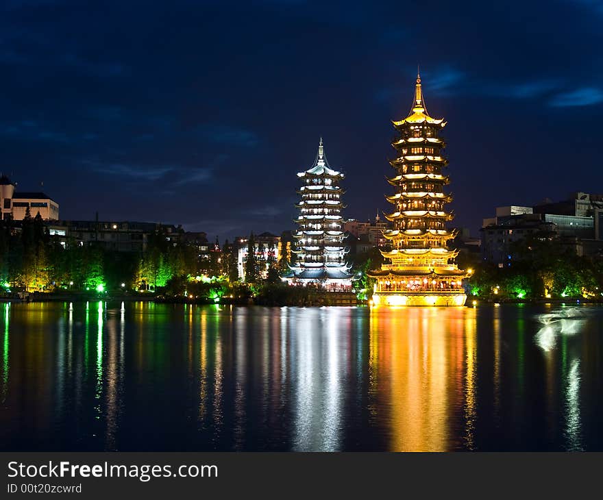 Pagodas in Banyan Lake in down