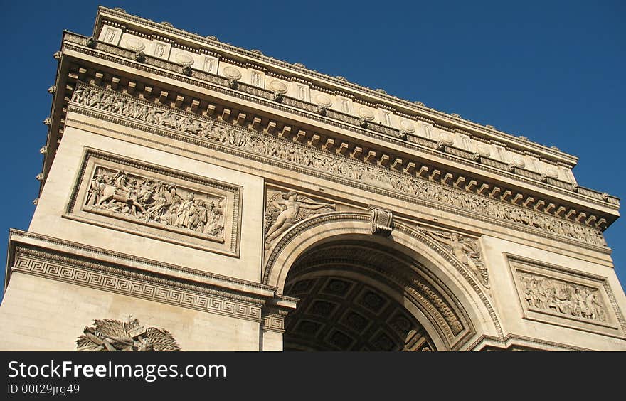 An angled view of the Arc of Triumph in Paris, France