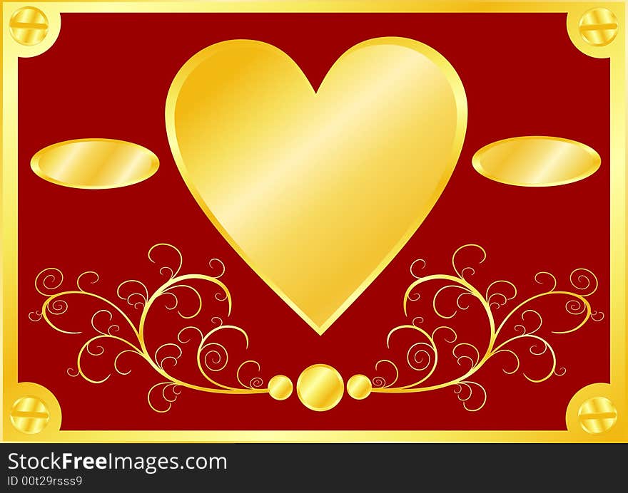 Red Valentines Day background with gold heart and floral elements.Additional vector format in EPS (v.8).