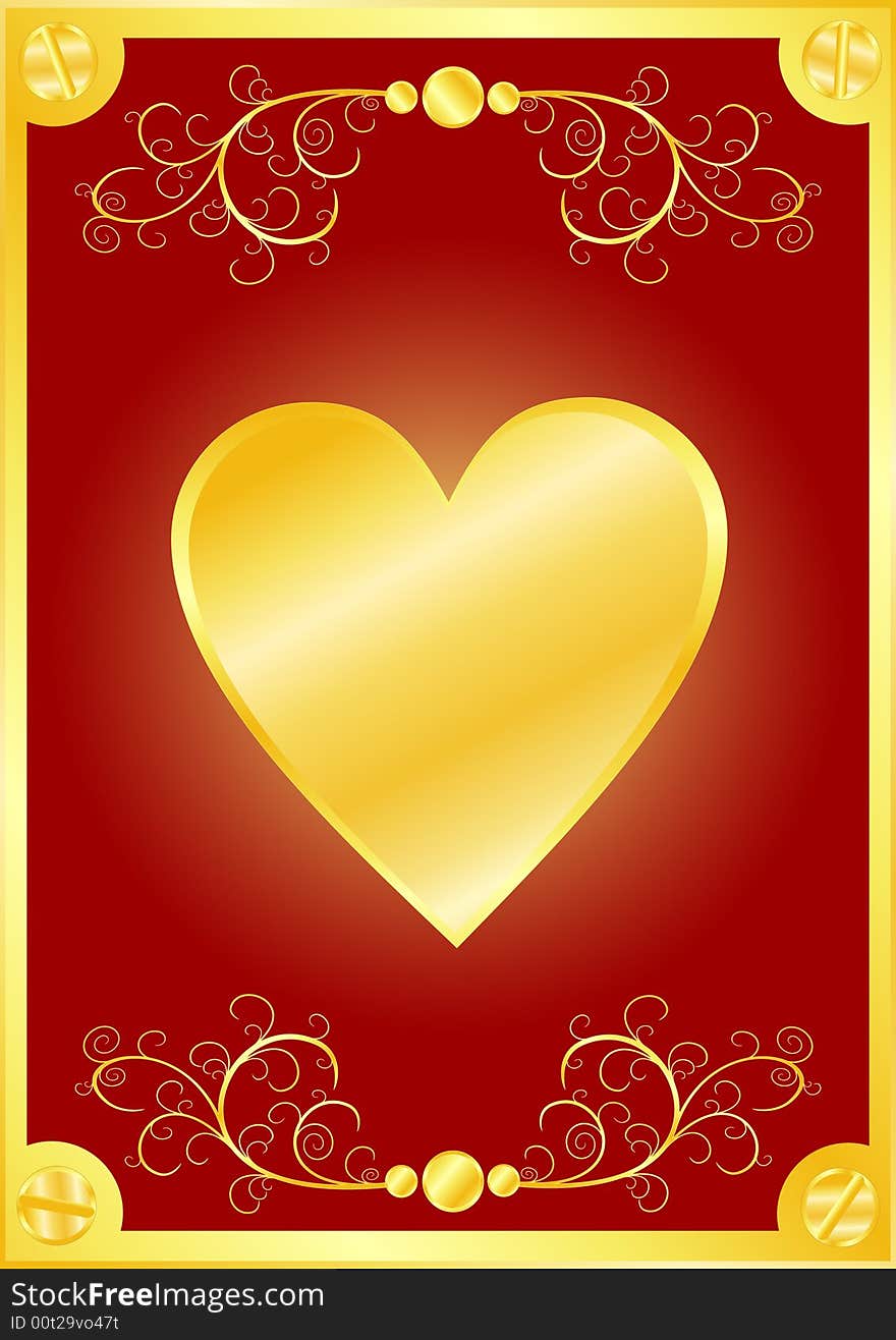 Red Valentines Day background with gold heart and floral elements.Additional vector format in EPS (v.8).