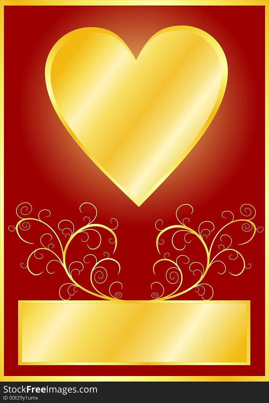 Red Valentines Day background with gold heart and floral elements.Additional vector format in EPS (v.8).