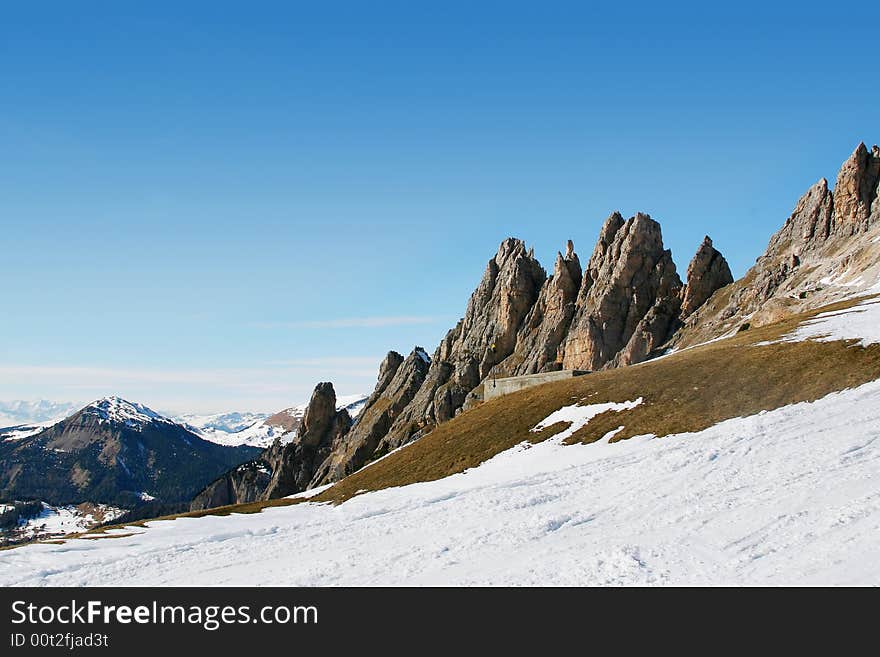 Nice view on high mountains and the ski tracks covered with snow. Nice view on high mountains and the ski tracks covered with snow