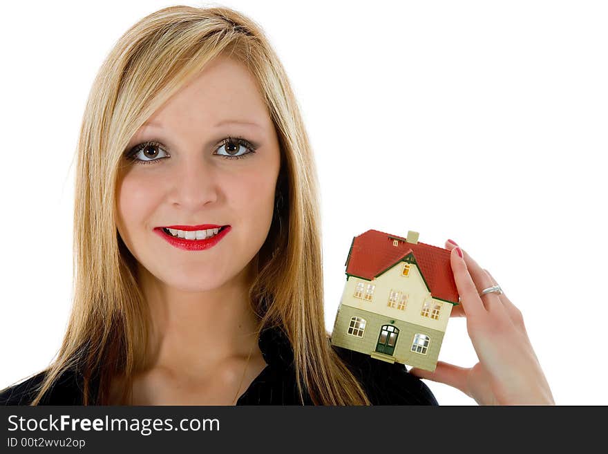 Business woman advertises real estate on white background