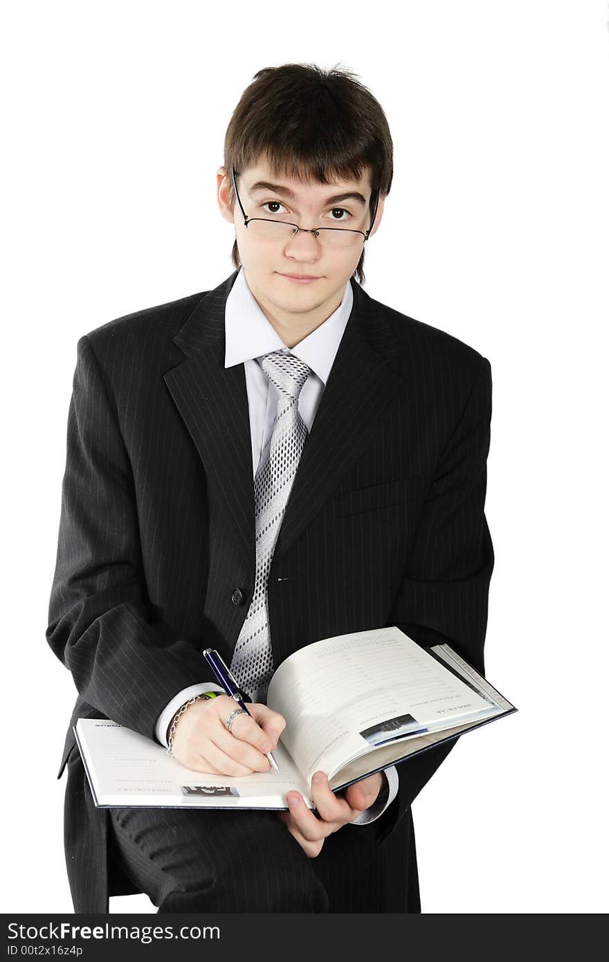 Young happy smiling man writing, isolated on a white background