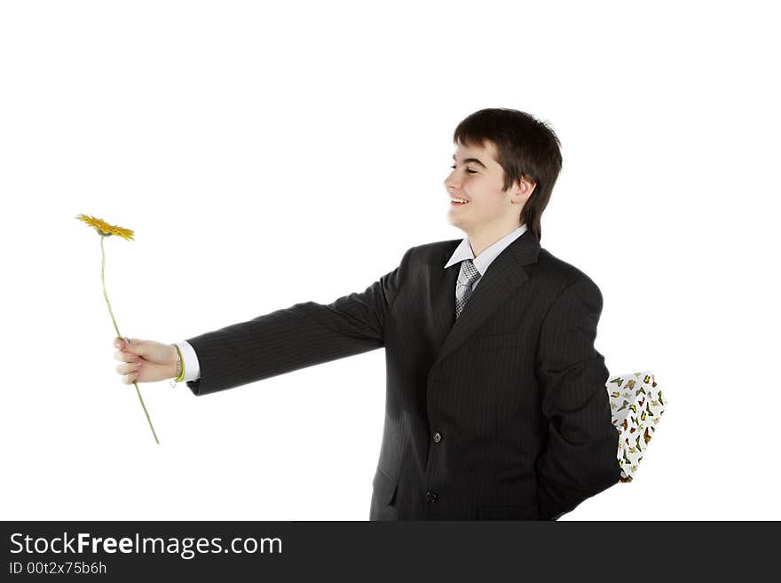 Boy With A Gift On The White Background