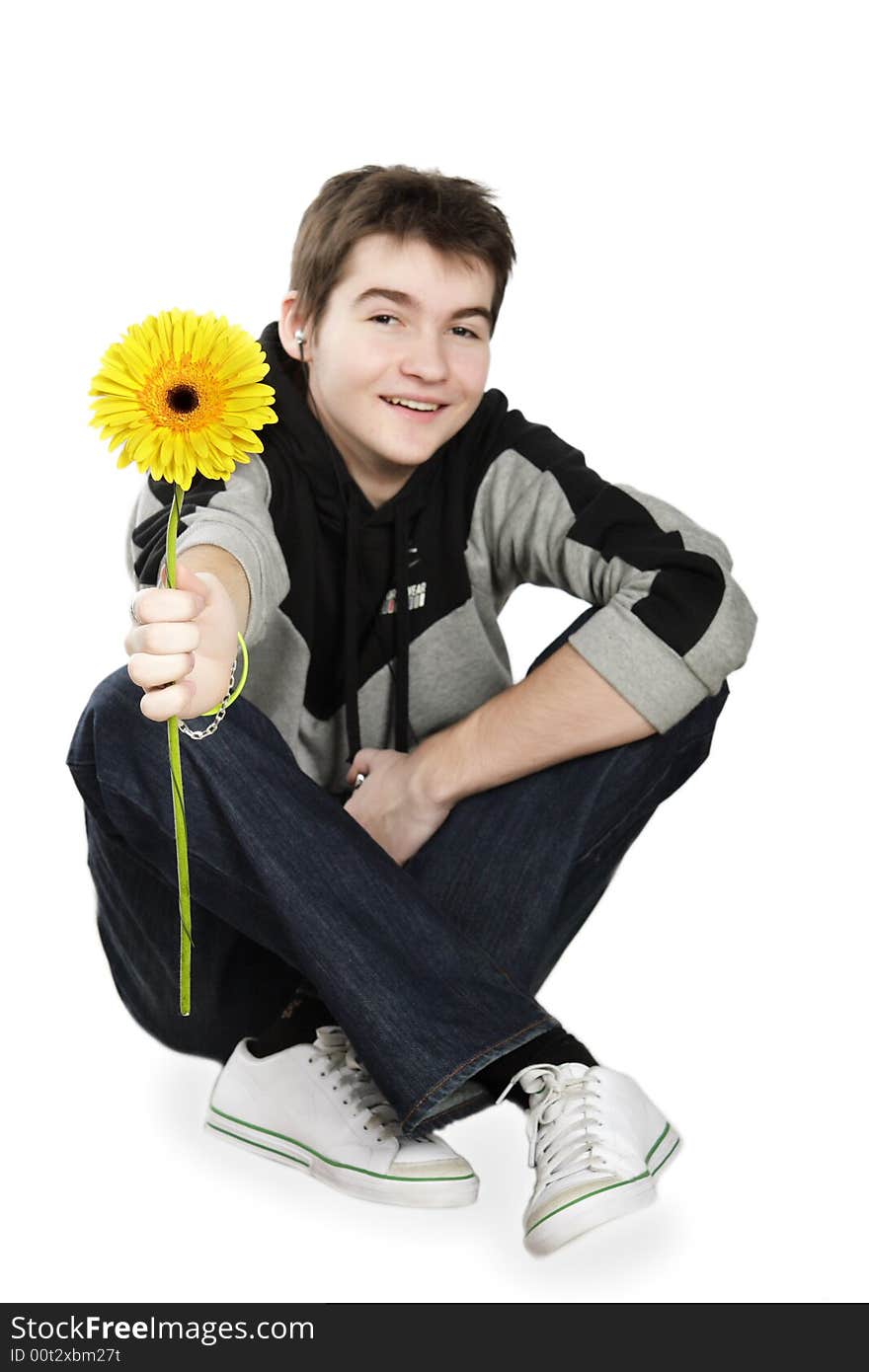 Boy With A Gift On The White Background