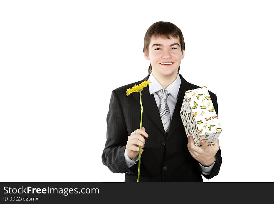 Boy with a gift on the white background