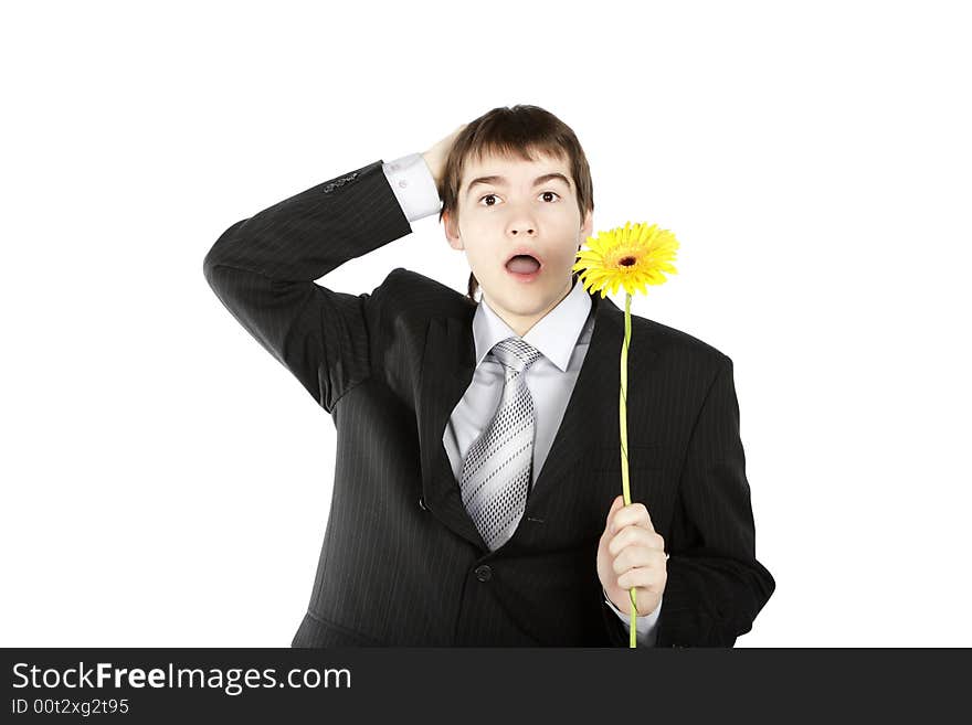 Boy with a gift on the white background