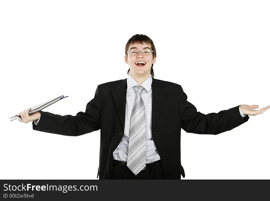 Young happy successful businessman or student, isolated. Young happy successful businessman or student, isolated