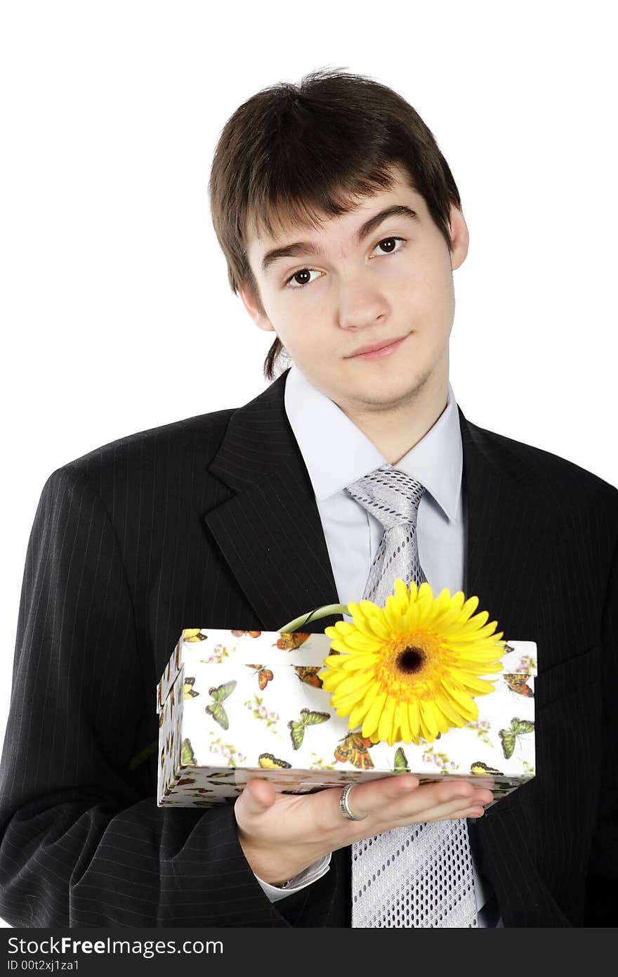 Boy with a gift on the white background