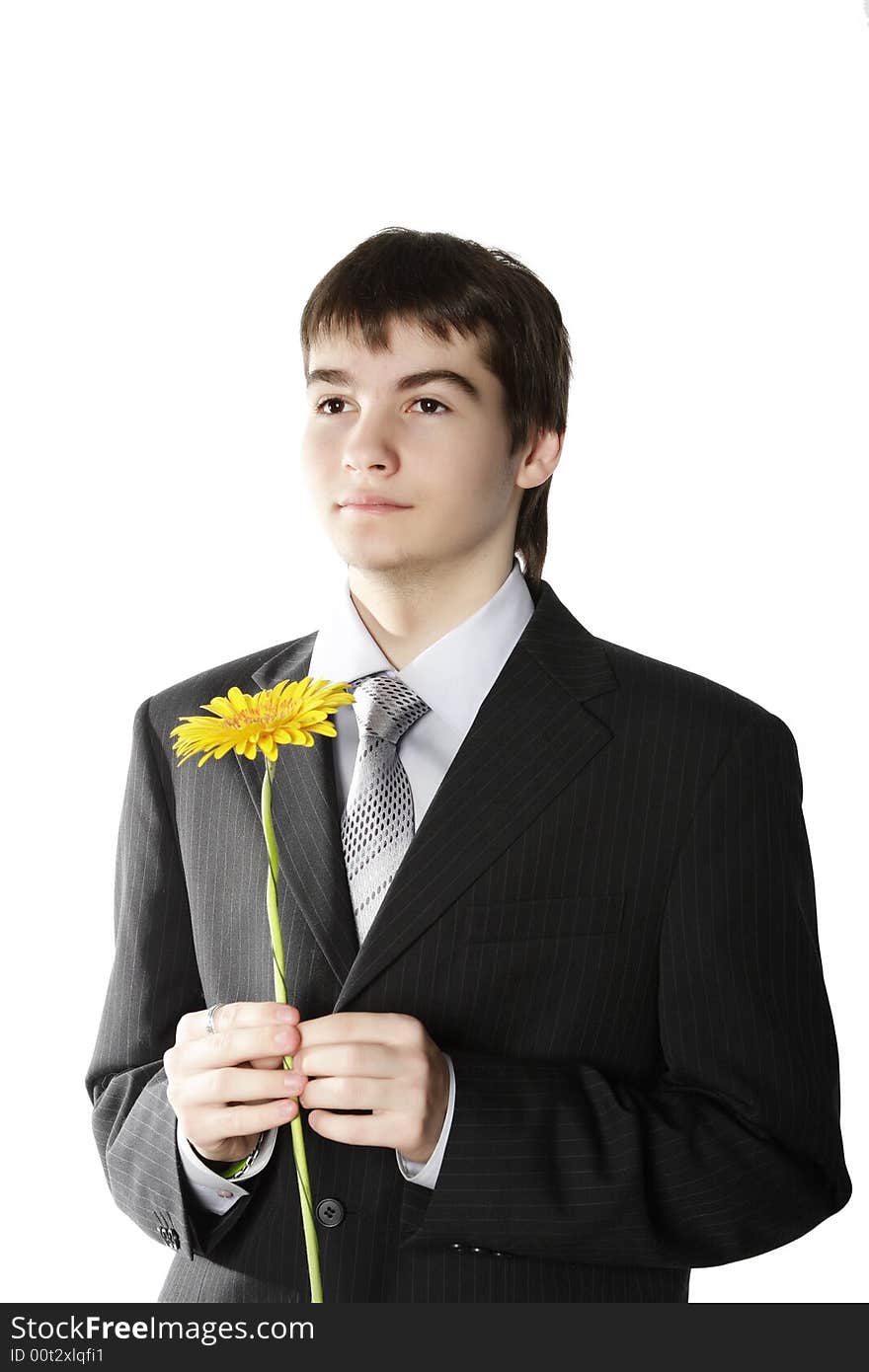 Boy with a gift on the white background