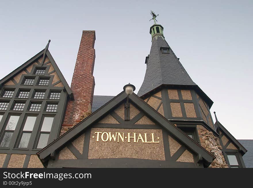 Closeup of historic Town Hall building in small Rhode Island town. Closeup of historic Town Hall building in small Rhode Island town