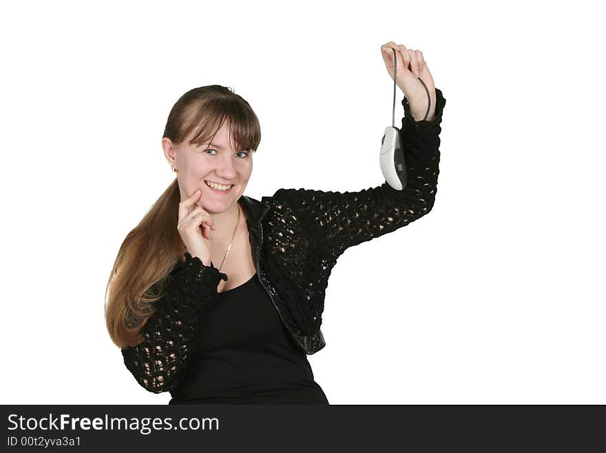 Girl keeps computer mouse, white background