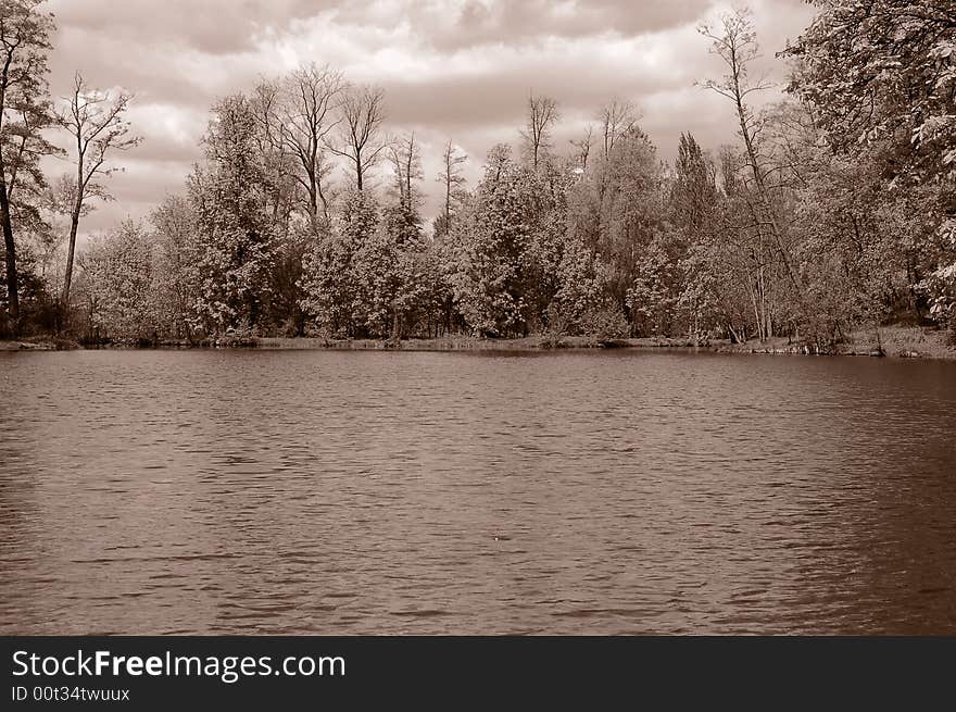 Lake in forest in sephia