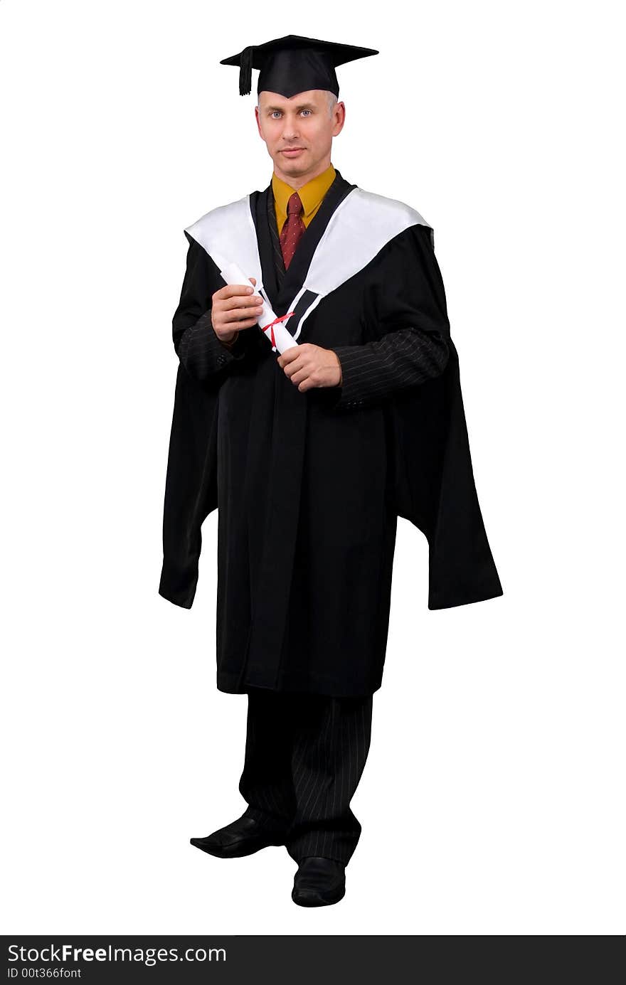 Young man in black graduation gown holding certificate of degree. Isolated over white background. Young man in black graduation gown holding certificate of degree. Isolated over white background.