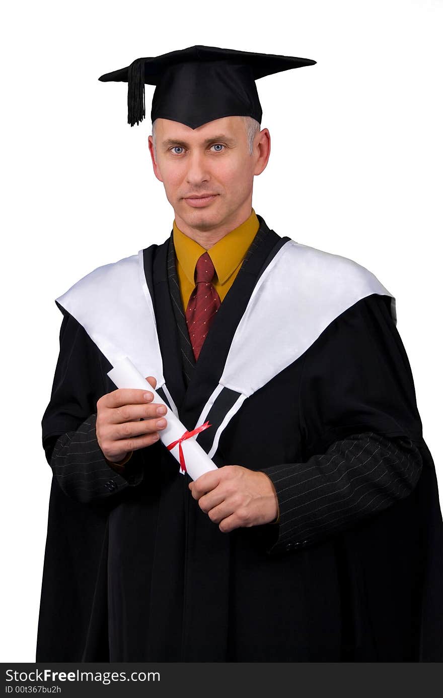 Young man in black graduation gown holding certificate of degree. Isolated over white background. Young man in black graduation gown holding certificate of degree. Isolated over white background.