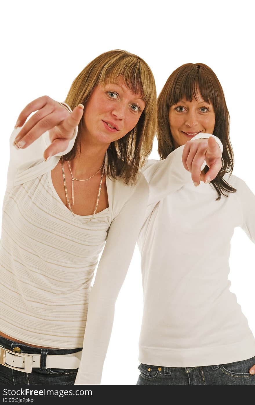 Two adult sisters show with fingers to the camera. Two adult sisters show with fingers to the camera