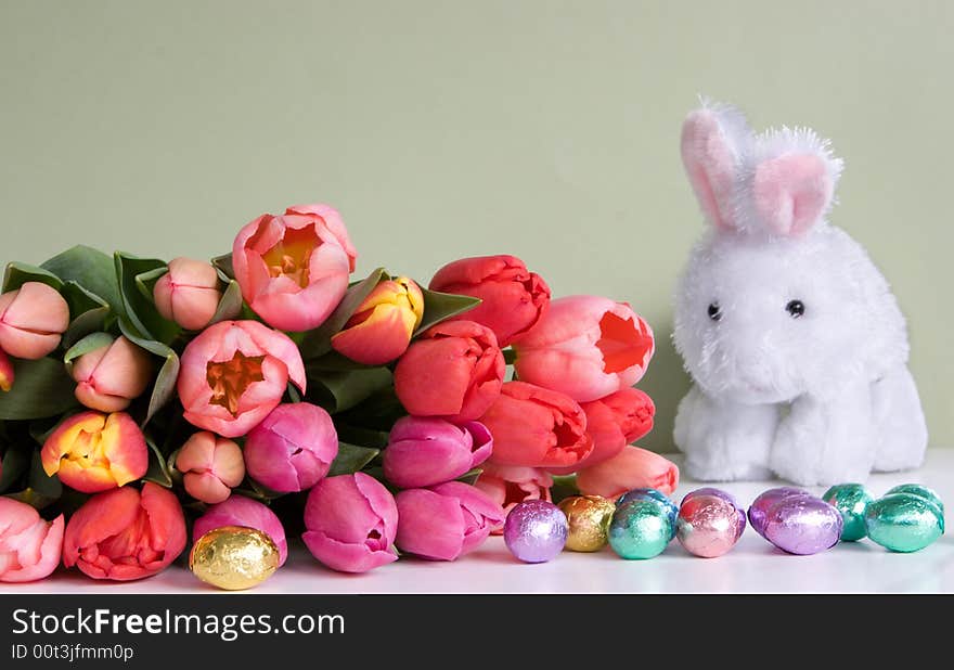 Easter: colorful tulips, rabbit, & eggs. Easter: colorful tulips, rabbit, & eggs