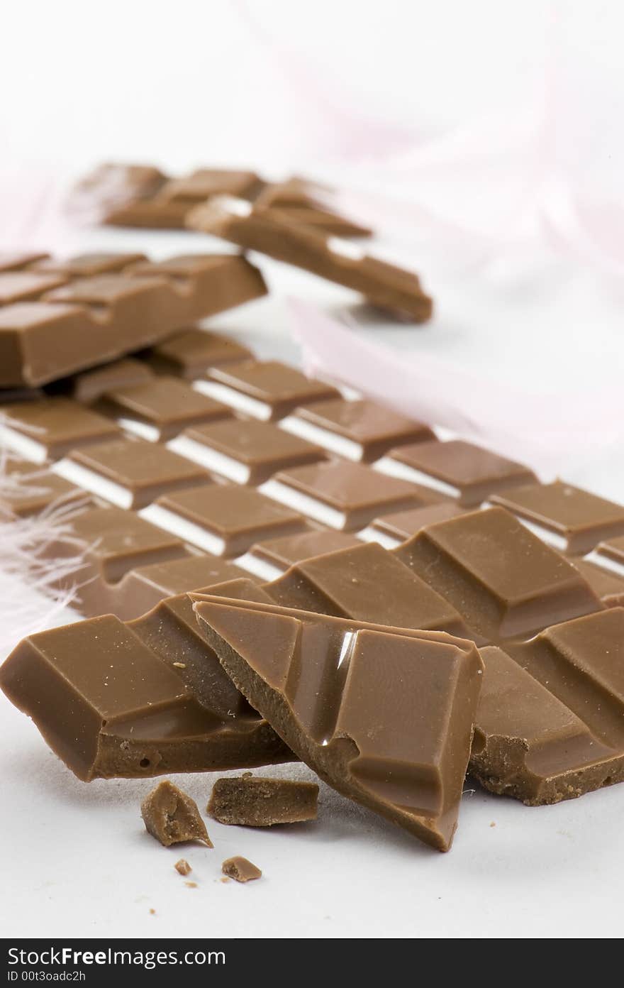 Milk chocolate close-up with decorative feathers. White background.