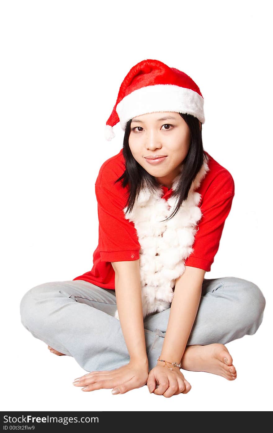 Beautiful asian Santa Claus woman smiling isolated on white. Beautiful asian Santa Claus woman smiling isolated on white