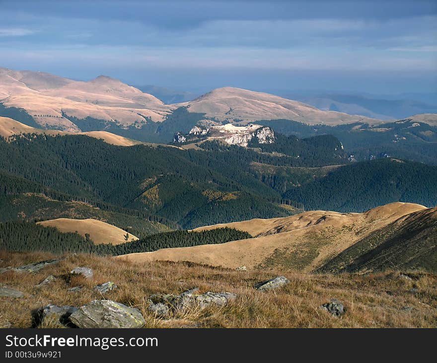 Fromt Leaota summit (2133 m) you can see the south part of Bucegi (Furnica and Vanturis peaks) in Carpathians. Fromt Leaota summit (2133 m) you can see the south part of Bucegi (Furnica and Vanturis peaks) in Carpathians.