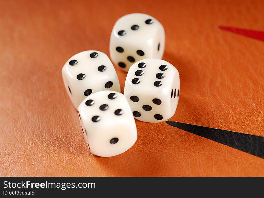 Two white cudes on backgammon desk. Two white cudes on backgammon desk