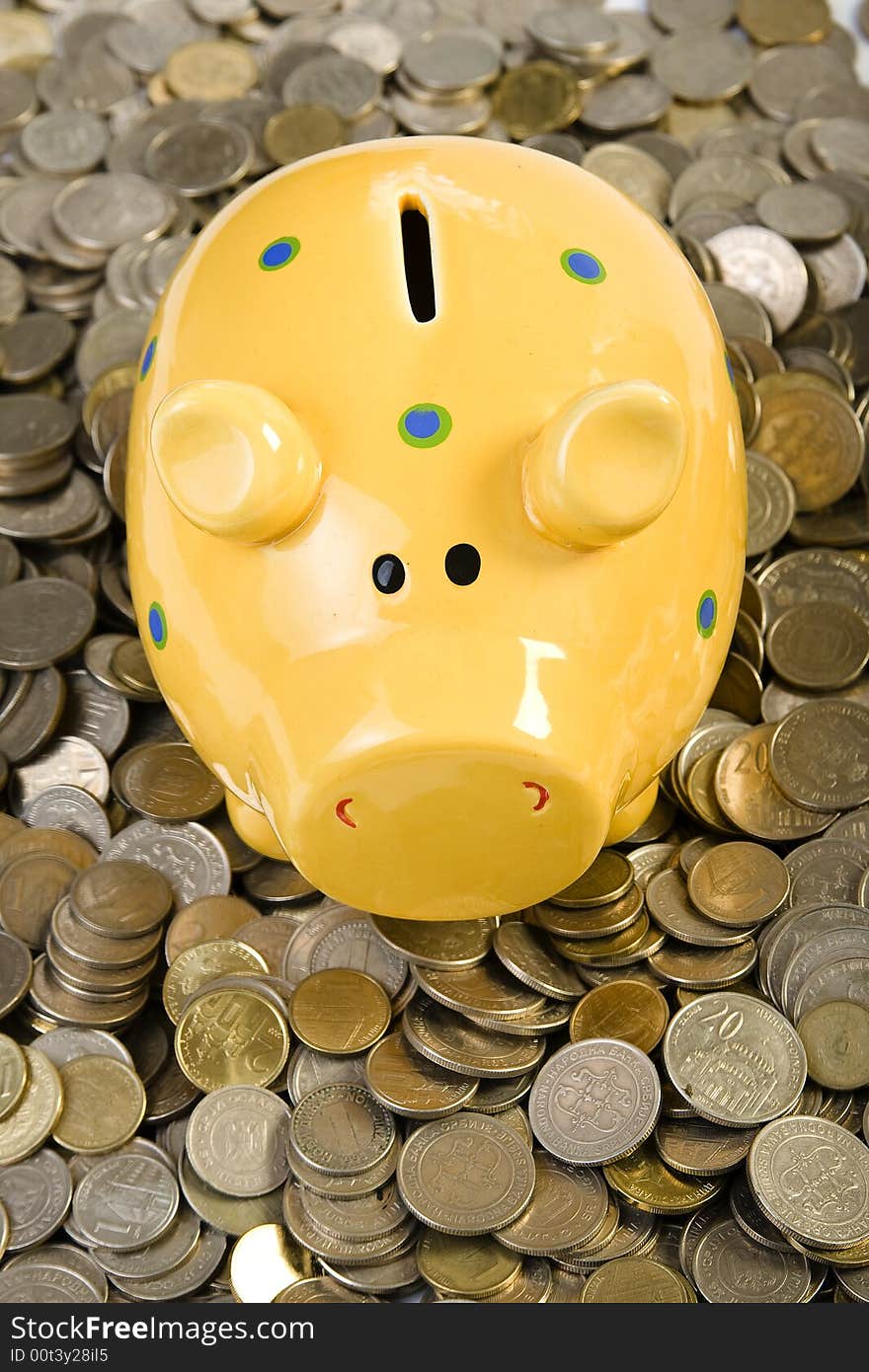 Piggy bank standing on coins