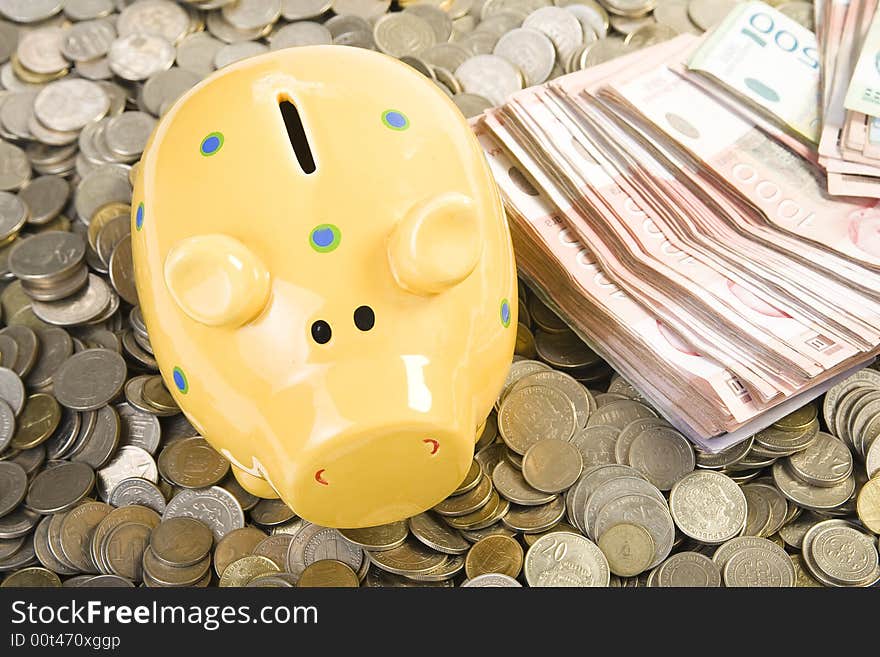 Piggy Bank Standing On Coins