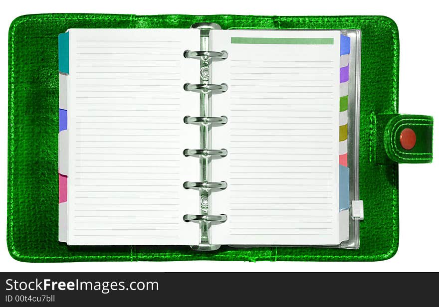 Green leather notepad with clipping path isolated on white background. Green leather notepad with clipping path isolated on white background