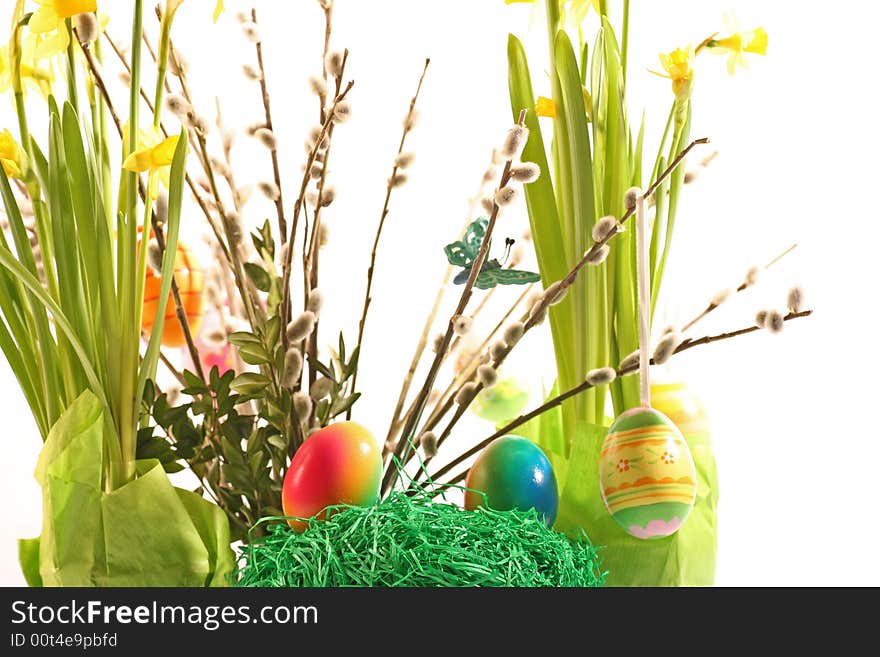 Easter floral arrangement on a withe background. Easter floral arrangement on a withe background.