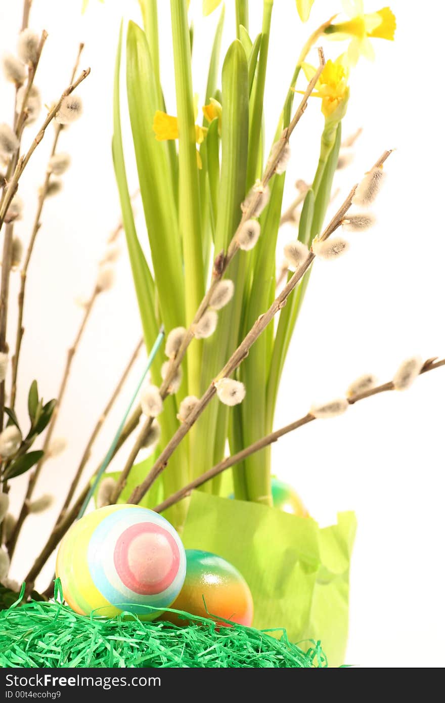 Easter floral arrangement on a withe background. Easter floral arrangement on a withe background.