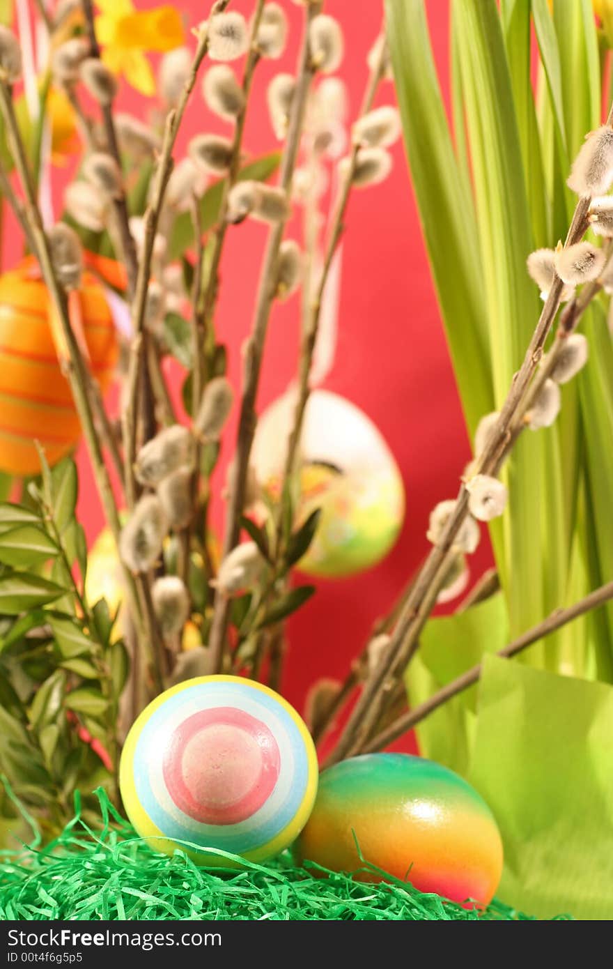 Easter floral arrangement on a red background. Easter floral arrangement on a red background.