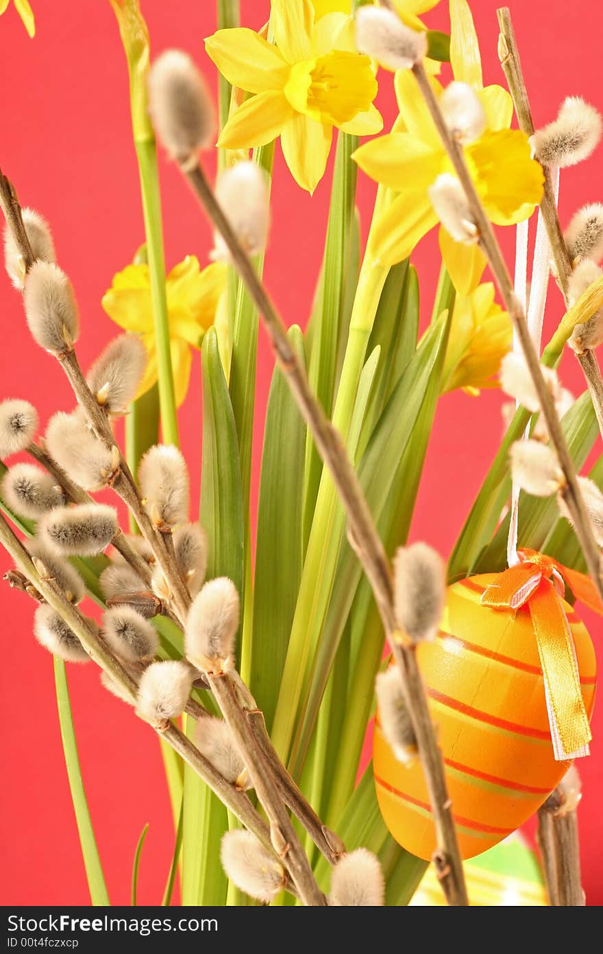 Easter floral arrangement on a red background. Easter floral arrangement on a red background.