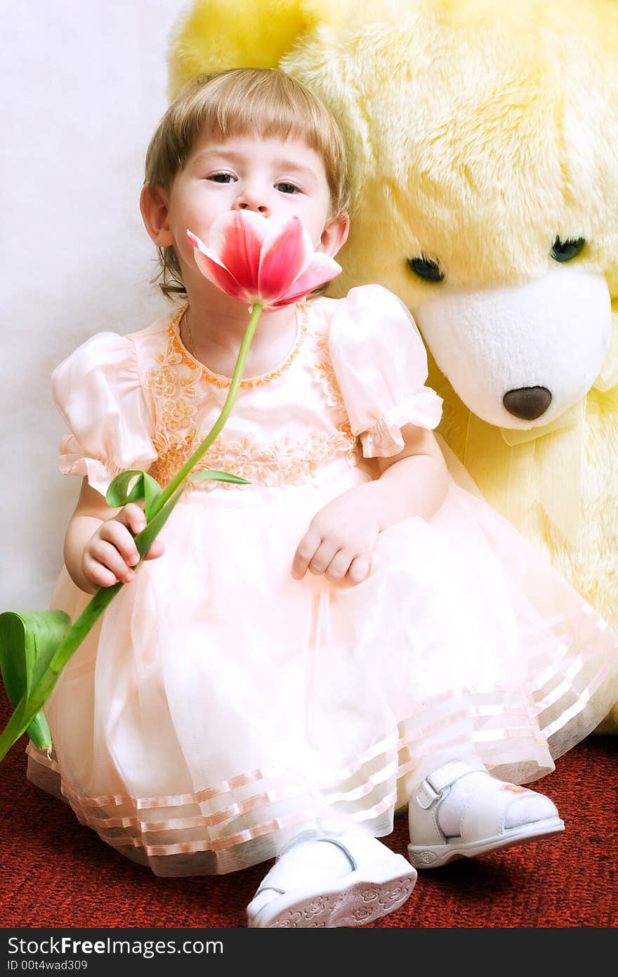 Cute little girl with tulip and teddy bear