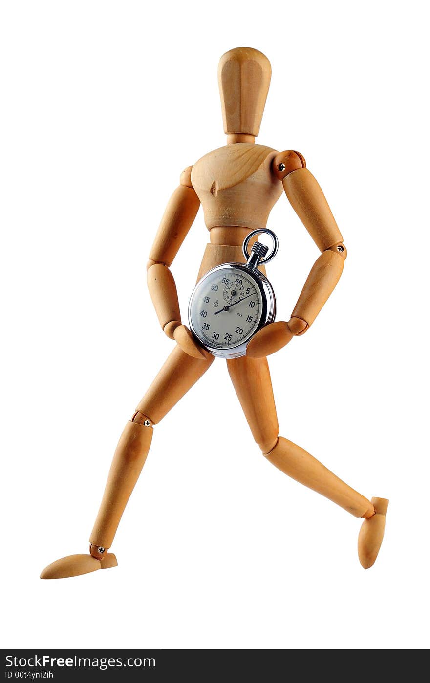 Wood Man Running With Stop Watch