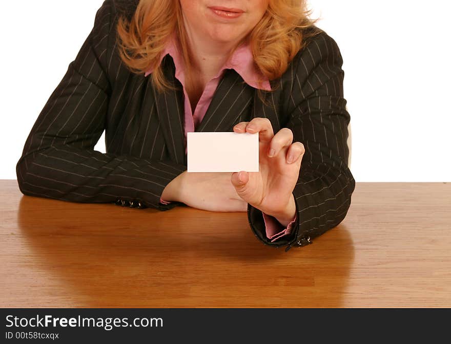 Isolated business woman holding a blank business card