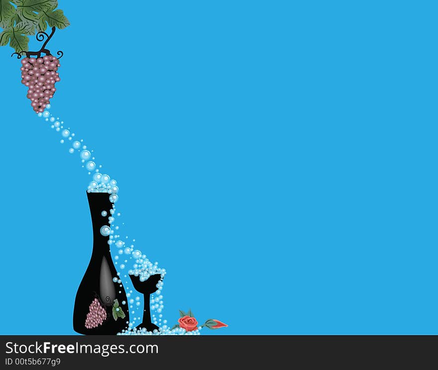 Blue background showing a cluster of grapes dripping into a bottle of wine then into a wine glass and the on the rose and rosebud