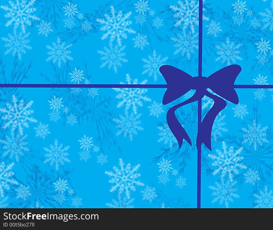 Blue background with colorful snowflakes with a ribbon and bow. Blue background with colorful snowflakes with a ribbon and bow